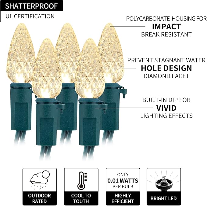 2PC C6 Led Christmas String Lights, 60 Led 20FT Battery Operated Strawberry Lights, Waterproof 8 Lighting Modes Fairy Lights for Indoor Outdoor Patio Garden Party X-mas Decoration(Warm White)-VerdiqueGarden