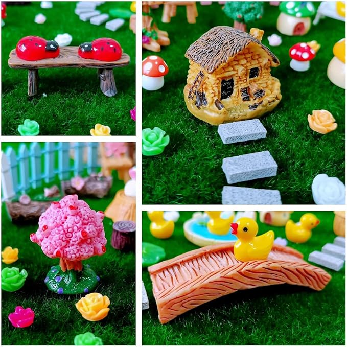 100 Pcs Miniature Fairy Garden Accessories Mini Landscape, Resin Micro Buildings Structures Tiny Animals Figurines-VerdiqueGarden