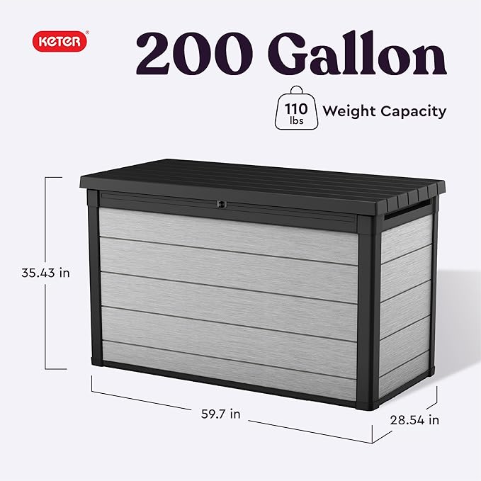 Keter Denali 200 Gallon Resin Large Deck Box with Double Wall 20mm Panels - Paintable and Drillable-Organization and Storage for Patio Furniture and Outdoor Items, Grey & Black-VerdiqueGarden