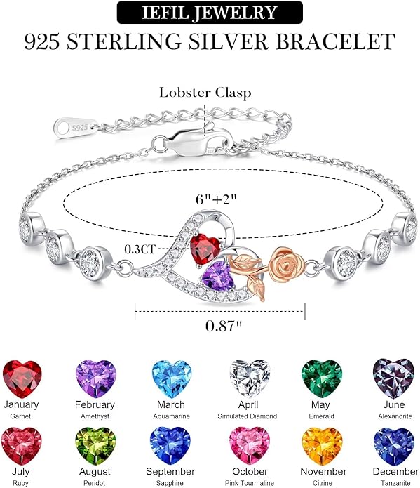 Iefil Valentines Day Gifts for Her - 925 Sterling Silver Rose Heart Birthstone Bracelets, Anniversary Birthday Gifts for Women Wife Mom Daughter, 6"+2"