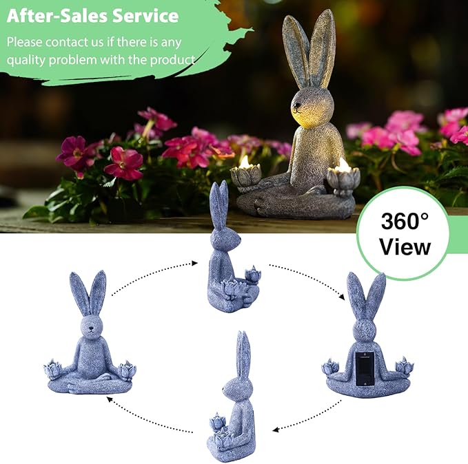 Goodeco Zen Rabbit Statue with Solar Lotus - Garden Yoga Bunny with LED Solar Lotus Lights, Sitting Meditating Buddha Rabbit Serene Resin Figurine for Patio Yard Lawn Ornaments, Home or Outside-VerdiqueGarden