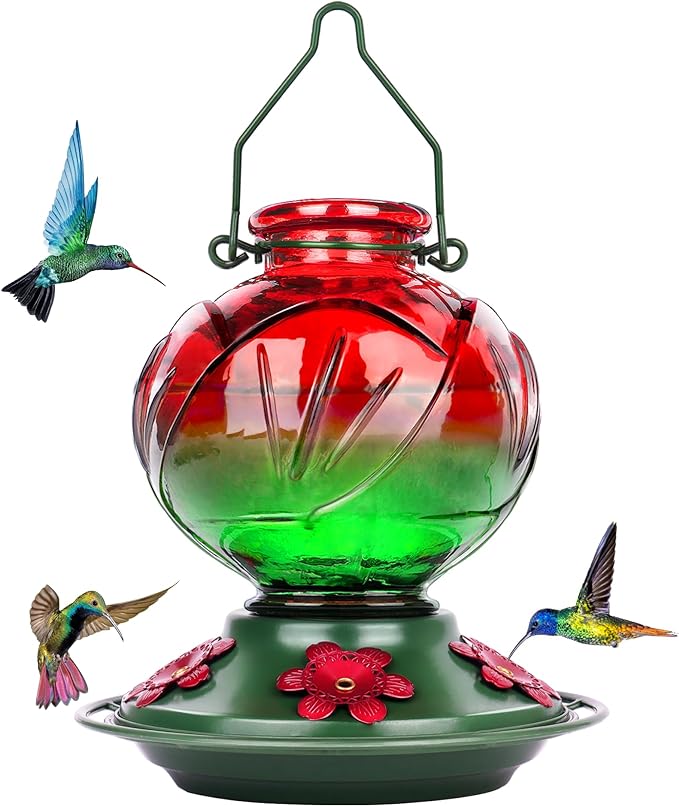 BOLITE Hummingbird Feeder, Glass Hummingbird Feeders for Outdoors Hanging, 22 Ounce, Five Feeding Ports with Perch, Peony Flower Shape, Red and Green, Gifts for Women Men, Gifts for Mom Dad-VerdiqueGarden