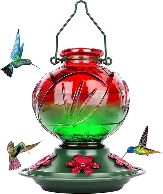 BOLITE Hummingbird Feeder, Glass Hummingbird Feeders for Outdoors Hanging, 22 Ounce, Five Feeding Ports with Perch, Peony Flower Shape, Red and Green, Gifts for Women Men, Gifts for Mom Dad-VerdiqueGarden