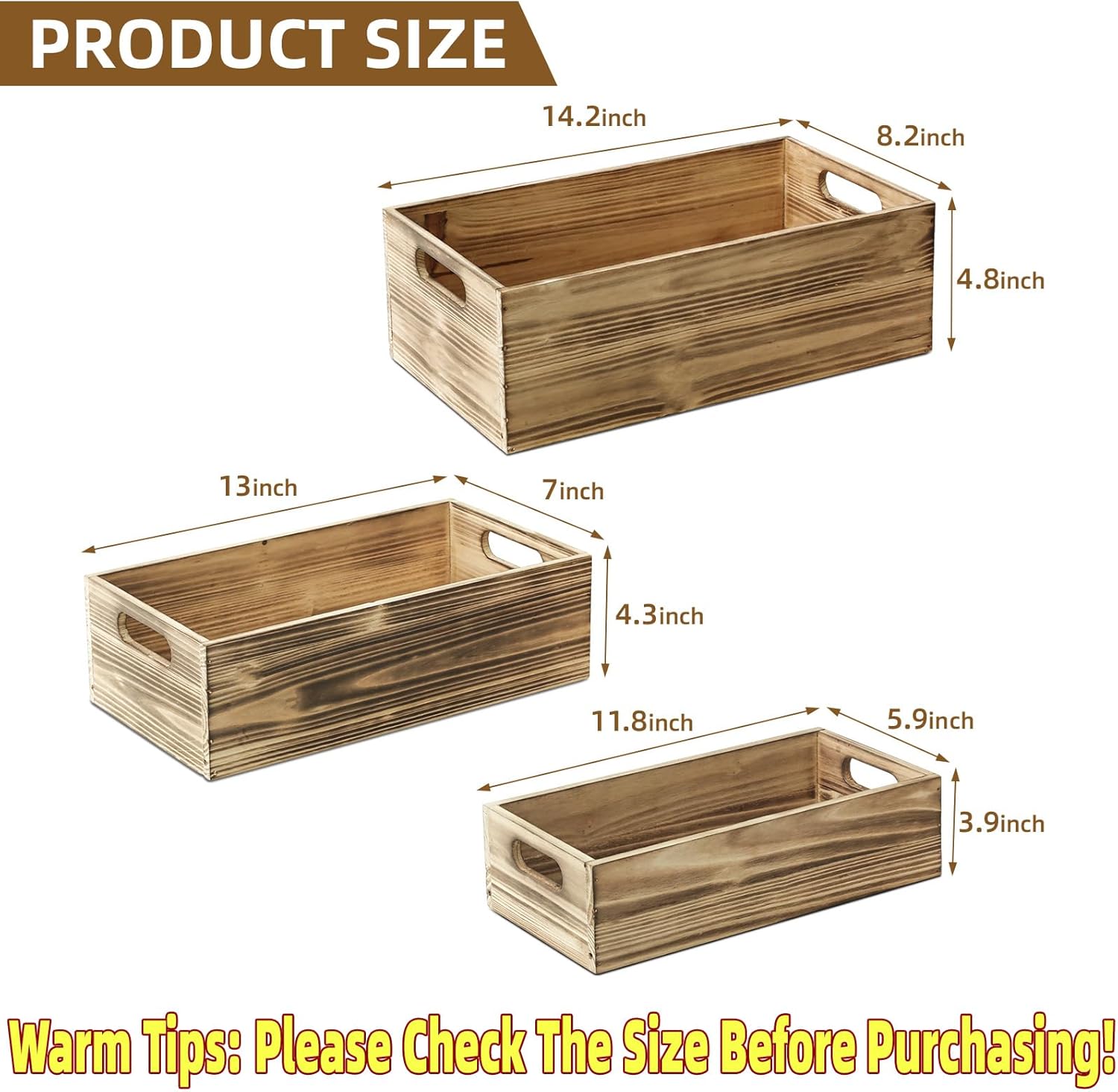 Wooden Boxes, Large Wooden Crates Set of 3 Vintage Torched Brown Wood Storage Crates for Display Home Party Office Bedroom Kitchen Closet-VerdiqueGarden