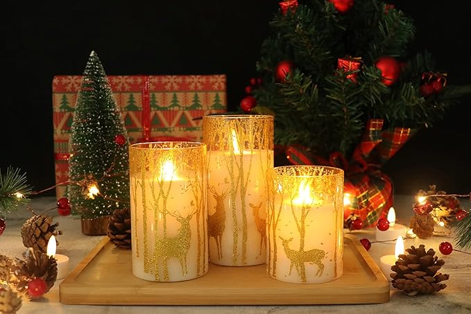 Christmas Deer Flameless Candles with Remote Timer, Glass Battery Operated Pillar Candles with Gold Elk Decor, LED Flickering Candles with 3D Wick and Real Wax for Winter Christmas Home Decor-VerdiqueGarden