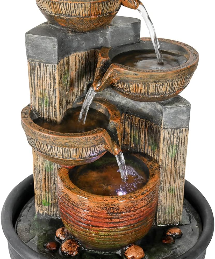 15.7''H 4-Tier Relaxation Indoor Tabletop Waterfall Fountain with LED Lights Desktop Fountains Calming Sound for Home Office Bedroom Decor (Brown, 15.7inch)-VerdiqueGarden