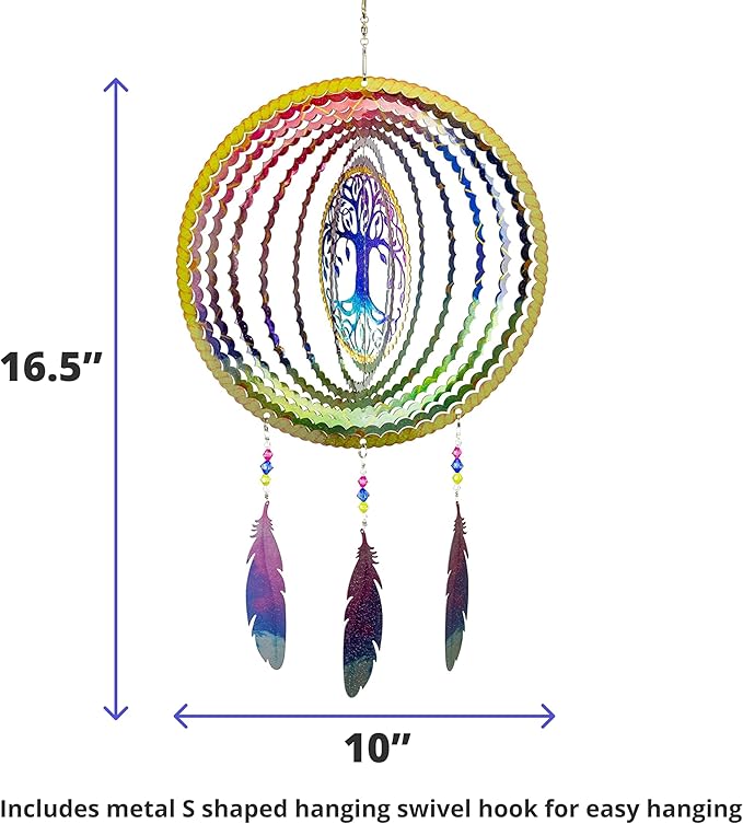 VP Home Tree of Life Dreamcatcher with Feathers Kinetic Wind Spinners - Native American Garden Decor - Sculpture Spinner for Yard and Garden Outdoor - Metal Large Hanging Dreamcatcher - 10"W x 16.5"H-VerdiqueGarden