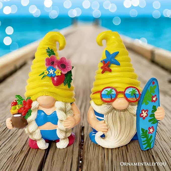 Spring & Summer-Themed Garden Statues – Adorable Outdoor Decor for Lawn, Patio & Porch (Tropical Beach Gnome Duo Figurine Set, Cute 6" Summer Decoration Garden Statue)-VerdiqueGarden