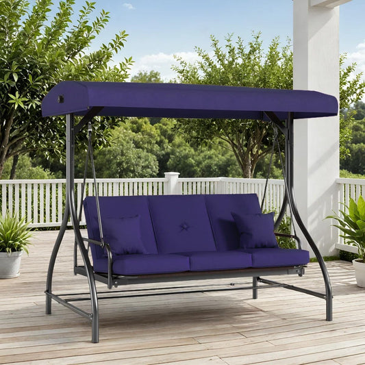 TLSUNNY 3-Seat Outdoor Patio Porch Swing with Adjustable Canopy & Backrest, Convertible Glider Bed with Stand, Removable Seat Cushion, 45° Tilt Adjustment for Backyard, Poolside, Balcony - 750LBS-VerdiqueGarden