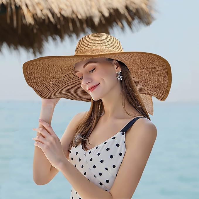 Floppy Big Beach Straw Hats for Women Foldable Summer Wide Brim Packable Sun Hat Womens Travel Straw Fedora Hat-VerdiqueGarden