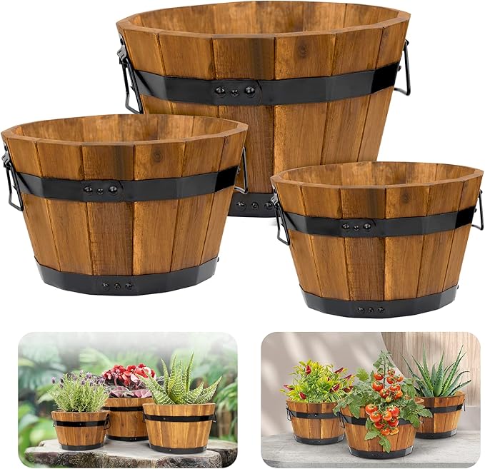IDZO Set of 3 Wooden Flower Boxes Outdoor, Durable Acacia Wood Barrel Planters for Outdoor Plants with Ergonomic Handles, Drainage Holes, Multiple Sizes Wood Bucket Planter Light Brown-VerdiqueGarden