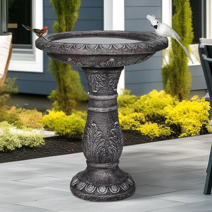 24.4" H Cement Bird Bath for Garden- Fibre Reinforced Concrete Bird Baths for Outdoors, Large Size Vintage Carved Pedestal Birdbath for Patio, Yard, Lawn -20”Dia. X 24.4”H Bird Fountain-VerdiqueGarden