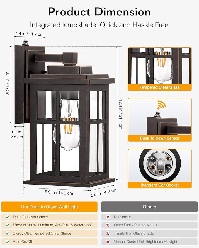 Dusk to Dawn Outside Lights for House, Oil Rubbed Bronze Anti-Rust Aluminum Exterior Lighting Fixtures, Easy-to-Install Waterproof Modern Outdoor Wall Light for Porch, Garage, Front Door-VerdiqueGarden