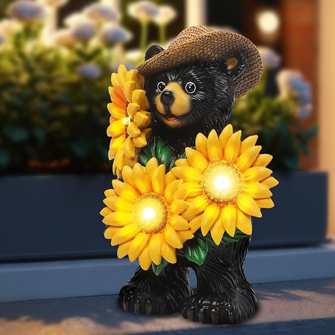Bear Statue with Sunflowers LED Light 7.2" Solar Lamp Outdoor Garden Patio Yard Porch Lawn Decor Waterproof Resin Black Bear Figurine Unique Garden Gifts for Women Mom Grandma Sister-VerdiqueGarden