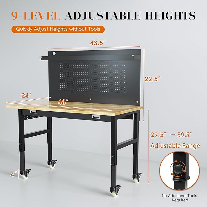 48" Heavy Duty Adjustable Workbench with Large Pegboard, Adjustable Work Table with Power Outlets & Lockable Wheels, Rubber Wood Workstation for Garage, Workshop, Office, Home, Commercial-VerdiqueGarden