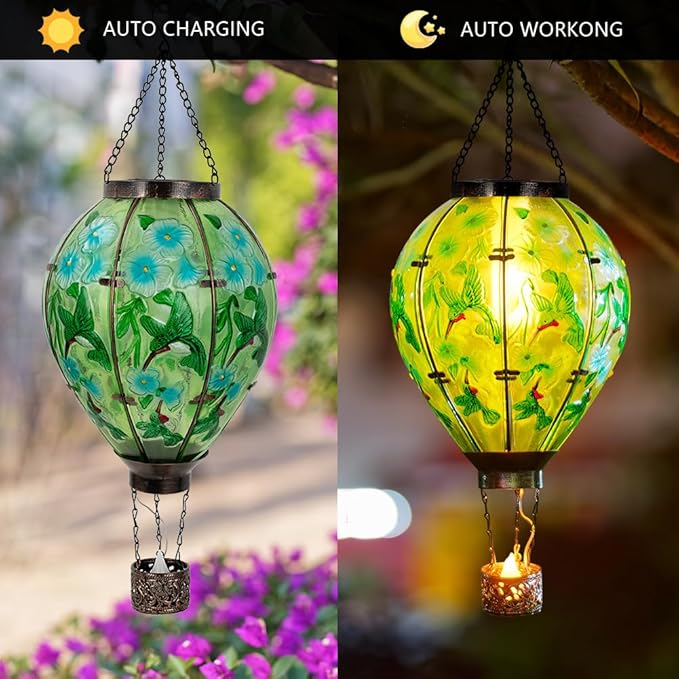 Starsoul Extra Large Solar Hot Air Balloon Lantern with Flame Hummingbird Glass Outdoor Hanging Hot Air Balloon Solar Light Waterproof Garden Patio Yard Party Decorations-VerdiqueGarden