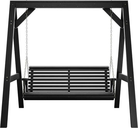 Amish Casual 5 Foot Roll Back Swing with A-Frame Stand in Semi Solid Black - Freestanding Wood Porch Swing for Patio, Yard or Garden-VerdiqueGarden
