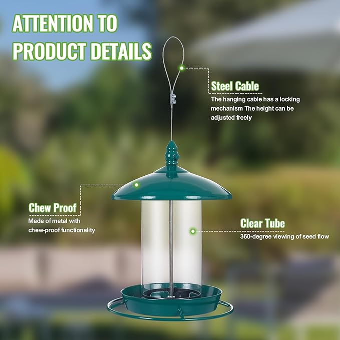 Metal Bird Feeder for Outside Hanging,Wild Bird Feeders for Cardinal, Large Roof and Tray - 6 Port-VerdiqueGarden