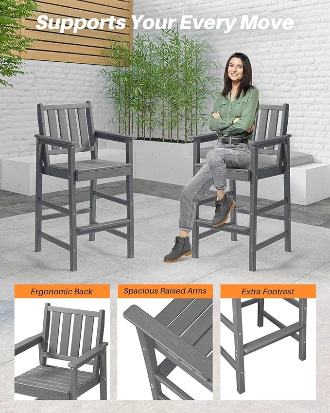 3 Pieces HDPE Outdoor Patio Bar Set, Rectangular Bar Height Table and Chairs Set, Patio Bar Stools Set, HDPE Outdoor Bar Table and Chairs Set for Balcony, Poolside, Porch, Smoke Gray-VerdiqueGarden