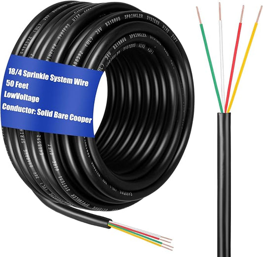Hoolerry Solid Sprinkler System Wire 18 Gauge Irrigation Wire with UV Resistant PVC Jacket Sprinkler Cable for Underground Irrigation Field Central Control System 30v Ul Listed(18/4, 50 Ft)-VerdiqueGarden