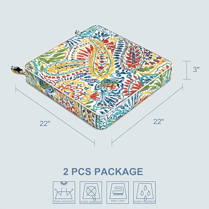 LVTXIII Patio Chair Cushions 22"x22"x3", Water-Repellent Outdoor Seat Cushions for Patio Furniture, Square Chair Pads with Ties for Home Garden Decoration, Set of 2, Paisley Multi-VerdiqueGarden