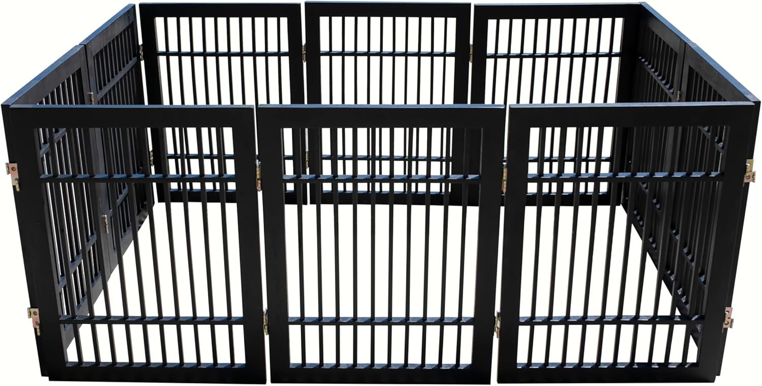 Pet Dog Gate Strong and Durable Freestanding Folding Acacia Hardwood Portable Wooden Fence Indoors or Outdoors by Urnporium (Black Pet Gate, 10 Panel 24" Tall)-VerdiqueGarden