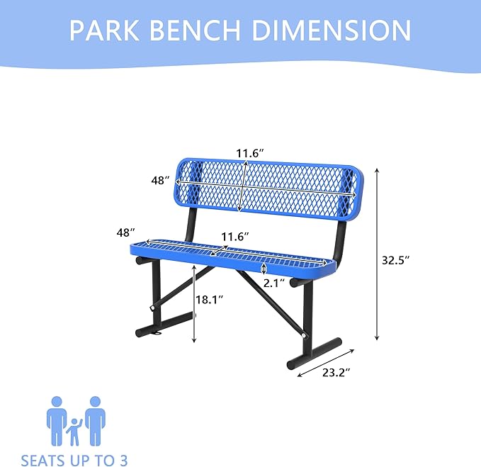4/6/8 Feet Park Bench for Outside Heavy Duty Metal, Garden Benches Outdoor Bench with Backrest & Portable Frame, for Shopping Malls Stores Parks Patios Decks, Blue-VerdiqueGarden