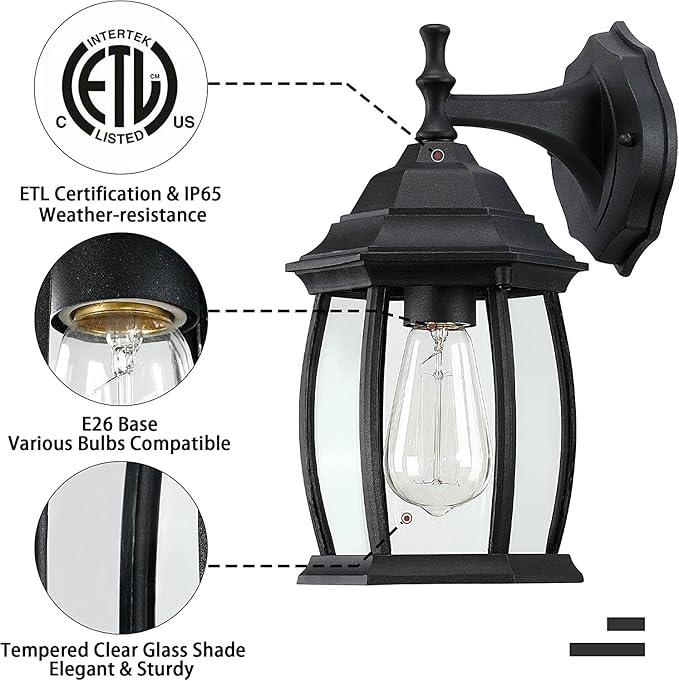 Pia Ricco Outdoor Wall Lights, Textured Black Exterior Light Fixtures with Clear Glass Shade, Waterproof Front Porch Lighting, Modern Sconces Lantern for Outside, House, Garage, E26 Socket, ETL Listed-VerdiqueGarden