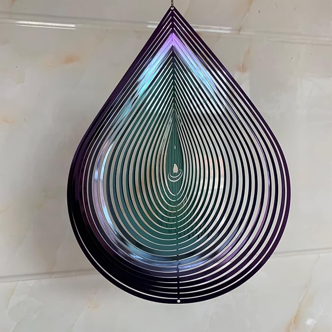 Wind Spinner Garden Indoor Outdoor Decor 3D Stainless Steel Metal Hanging Decorations, 3D Water Droplets Pattern Metal Wind Sculptures & Spinners Whirligig Gifts with 12inch(Green&Purple)-VerdiqueGarden