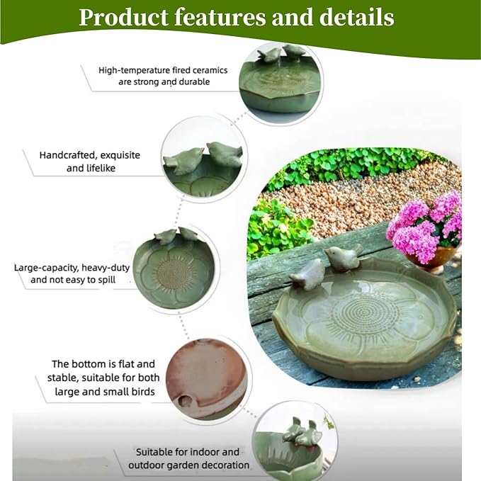 Bird Bath for Outside on Ground, 10 in Ceramic Birds Bath Bowl, Handmade Ground Bird Feeders and birdbath for Outdoors for Outdoors, Garden, Tabletop, Balcony and Lawn (Big - deep)-VerdiqueGarden