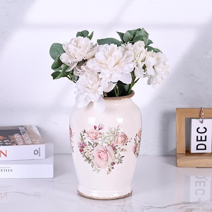 Vintage Vase for Flowers,Pink Chinoiserie Ceramic Vase,Rustic Farmhouse Cracked Vases,for Flower Arrangement,Living Room, Office, Shelf, Fireplace Tables,Centerpieces,Chinoiserie Pottery Decor(A)-VerdiqueGarden