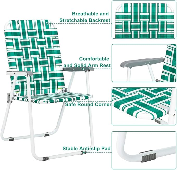 VINGLI Patio Lawn Webbed Folding Chairs1 Piece, Outdoor Beach Chair Portable Dining Chair for ir for Outdoor Yard, Garden(Green, Classic)-VerdiqueGarden