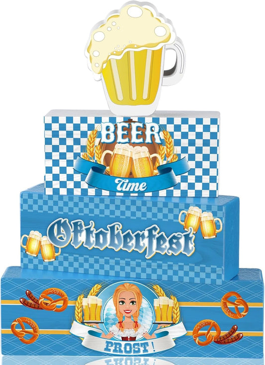 Yalikop 4 Pcs Oktoberfest Table Decorations Wooden Oktoberfest Tiered Tray Decorations October Festival Wooden Block Centerpieces for Tables for Home Shelf-VerdiqueGarden