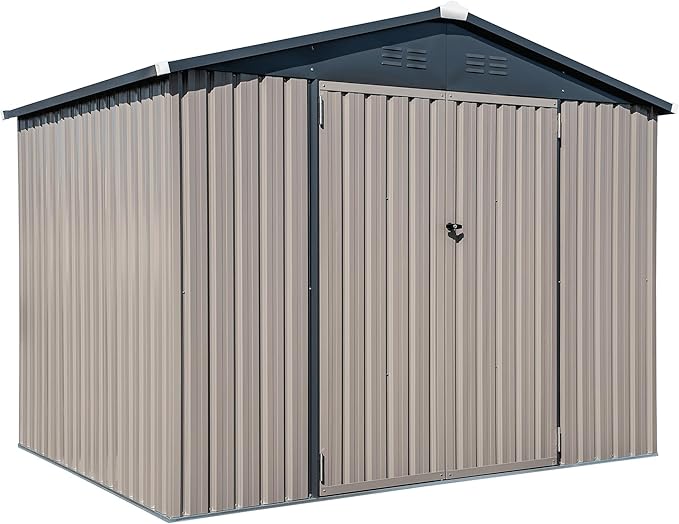 Metal Outdoor Galvanized Steel Storage Shed with Lockable Doors for Backyard or Patio Storage of Bikes, Grills, Supplies, Tools, Toys, for Lawn, Garden, and Camping, Tan (8x6)-VerdiqueGarden