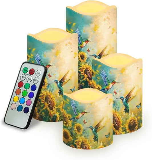Ystardream Art Sunflower Hummingbird Flameless Candles for Outdoor Indoor Color Changing LED Candles with Remote Timer Battery Operated Candles for Valentines Wedding Home Decoration Gifts-VerdiqueGarden