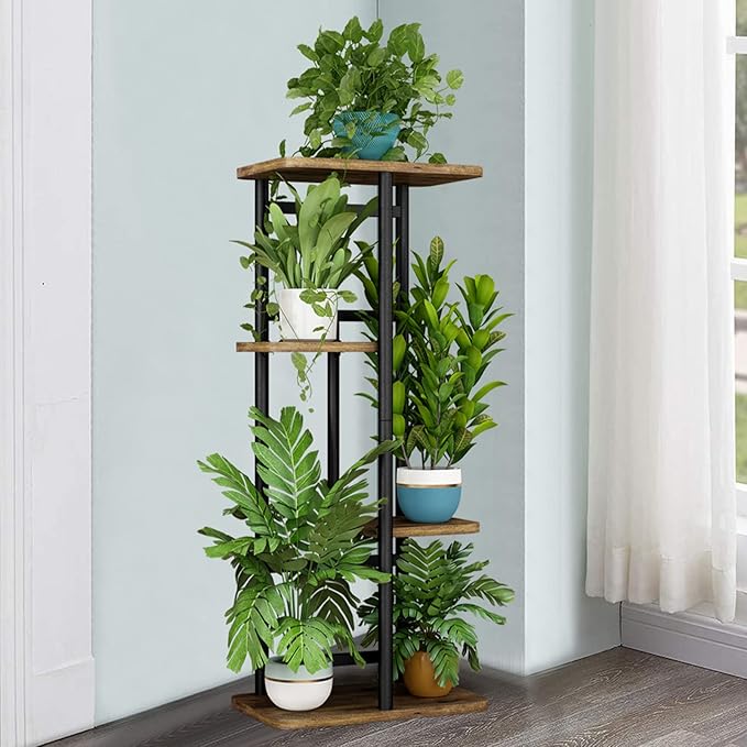 LINZINAR Plant Stand 4 Tier 5 Potted Indoor Plant Shelf Multiple Stands for Garden Corner Balcony Living Room (4 Tier 5 Potted, Black)-VerdiqueGarden