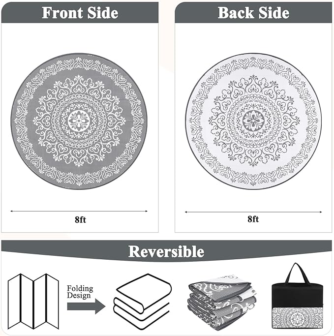 Pauwer Waterproof Outdoor Rug 8ft, Reversible Plastic Straw Patio Camping Rug, Indoor Outdoor RV Mat Carpet for Deck, Camper, Porch, Balcony, Backyard, Picnic, Floral Grey-VerdiqueGarden