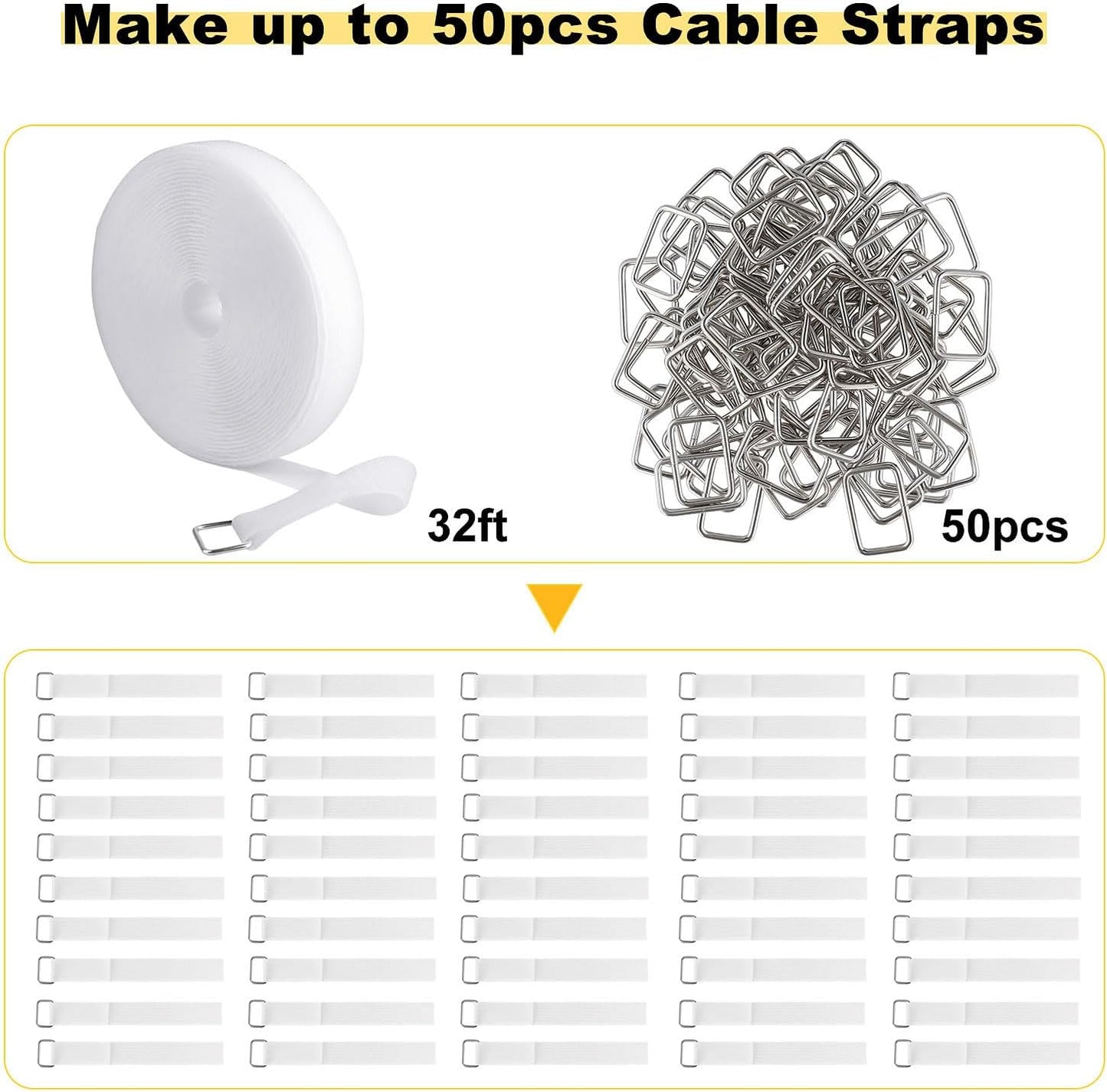 1"x32ft Hook and Loop Straps with 50 Metal Buckles, Adjustable Fastening Cable Straps, Cut-to-Length Cinch Strap, Reusable Nylon Securing Cord Ties for Organizer or Storage, 1 inch Wide, White-VerdiqueGarden