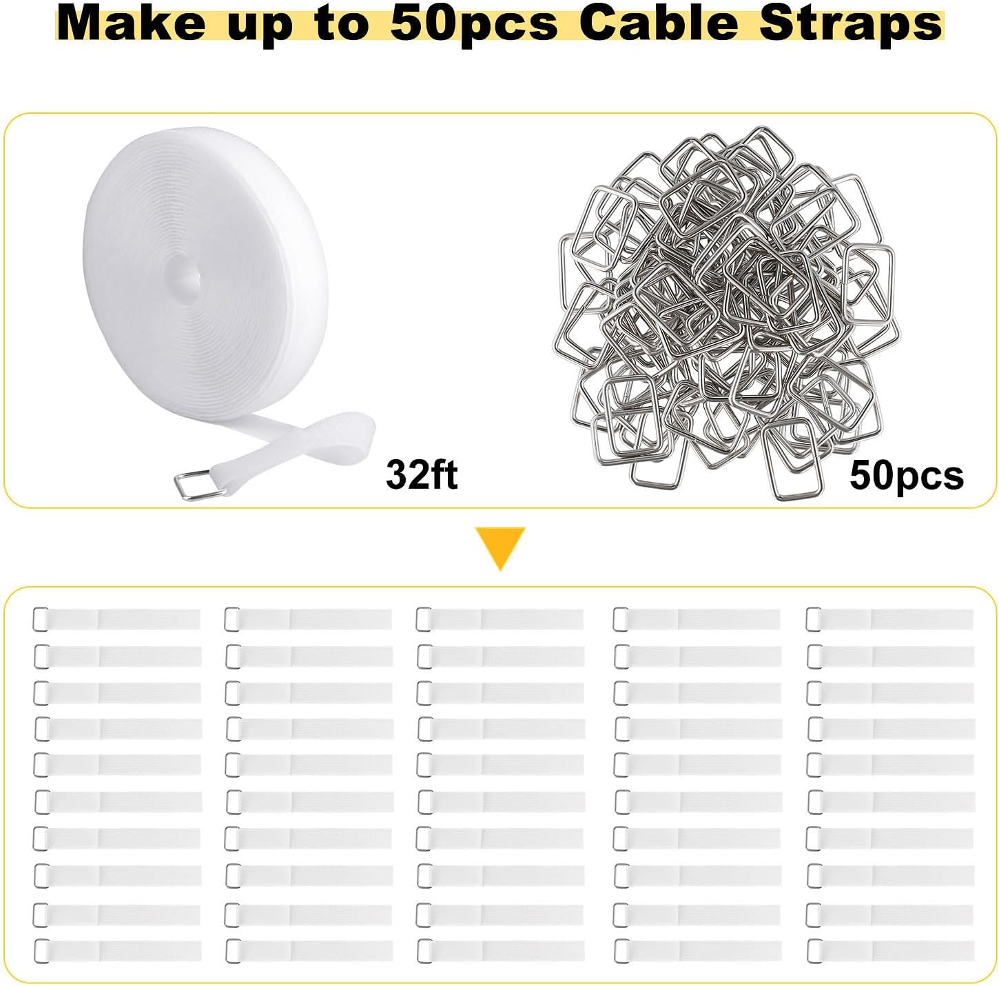 1"x32ft Hook and Loop Straps with 50 Metal Buckles, Adjustable Fastening Cable Straps, Cut-to-Length Cinch Strap, Reusable Nylon Securing Cord Ties for Organizer or Storage, 1 inch Wide, White-VerdiqueGarden