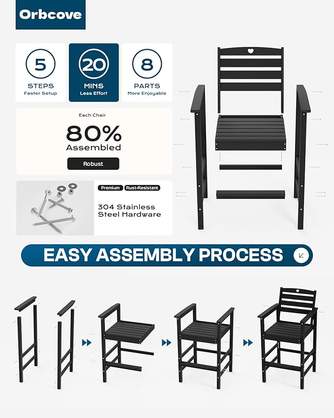 5-Piece Bar Height Outdoor Table and Chairs Set, HDPE Wood Grain Patio Bar Table and Chairs with Heart Cutout Design, Weather-Resistant Bar Height Furniture for Deck, Porch, Pool (Black)-VerdiqueGarden