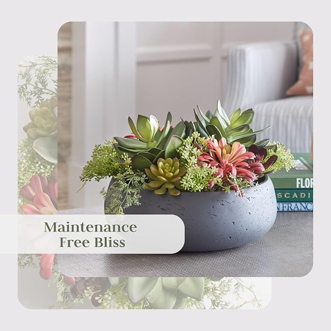 Faux Succulent Arrangement, Premium Artificial Indoor Plant Enhances Interior Design, Display on Any Surface in Your Home Adding an Inviting Touch of Nature, Grey Planter Pot Included-VerdiqueGarden