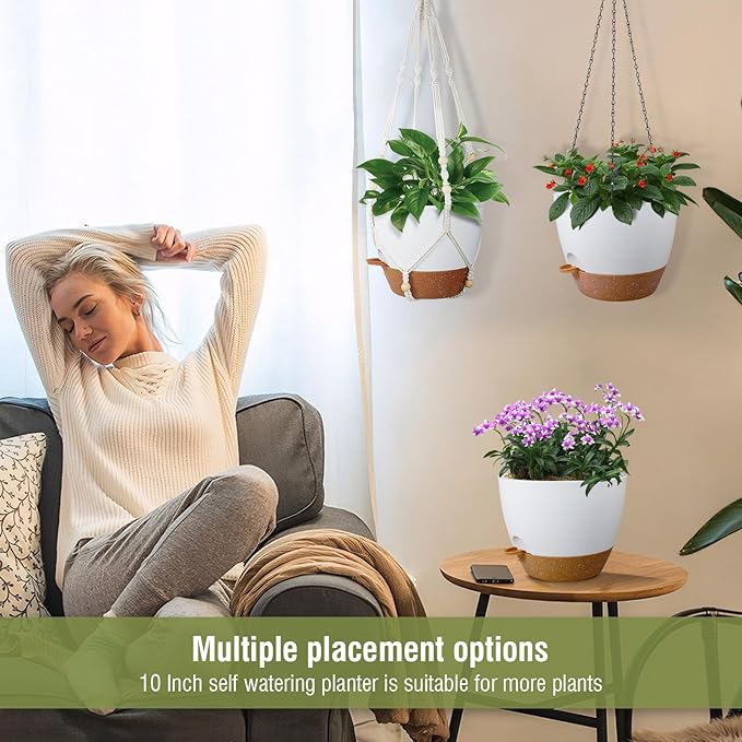 Self Watering Hanging Planters 10 inch, 2 Pack Hanging Baskets for Indoor Outdoor Plants, Hanging Flower Pots with Drainage Holes & 2 Kinds of Plant Hangers for Garden Home Décor, White Brown-VerdiqueGarden
