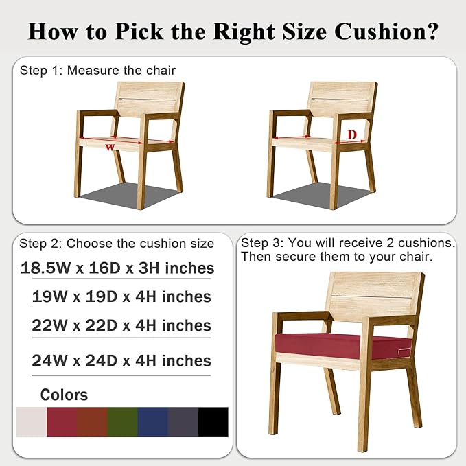 Outdoor Chair Cushions Set of 2 for Patio Furniture 18.5x16x3 Inch Waterproof Patio Chair Cushion 3 Year Color Fastness Rectangle Elastic Foam Garden Couch Pads with Ties and Handle,Red-VerdiqueGarden