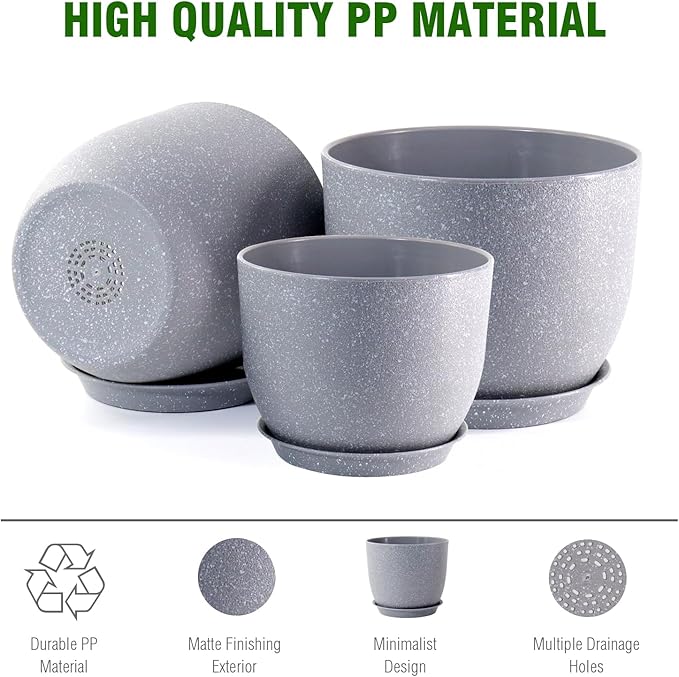 10/9/8 inch Plant Pots, Set of 3 Modern Decorative Plastic Planters with Drainage Holes and Saucers for Garden House Plants, Flower Pots for Indoor Outdoor Plants, Speckled Grey-VerdiqueGarden