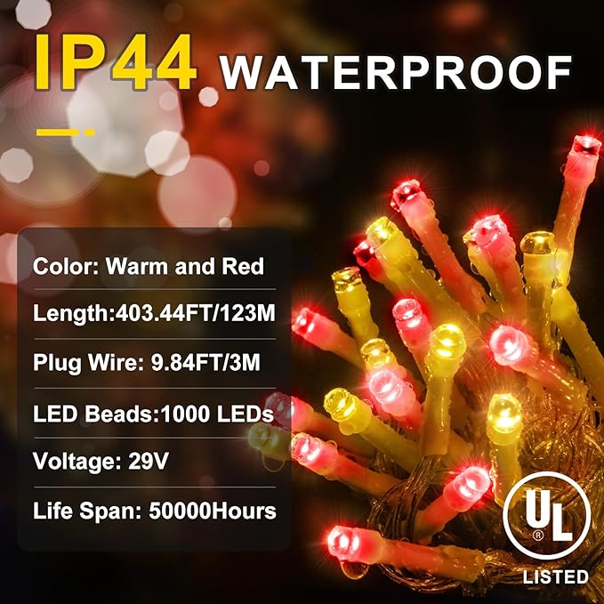 KNONEW 403ft 1000 LED String Lights Outdoor Christmas Lights 8 Modes & Timer Fairy Light Plug in Waterproof LED String Lights for Xmas Yard Tree Wedding Decorations (Red and Warm White)-VerdiqueGarden