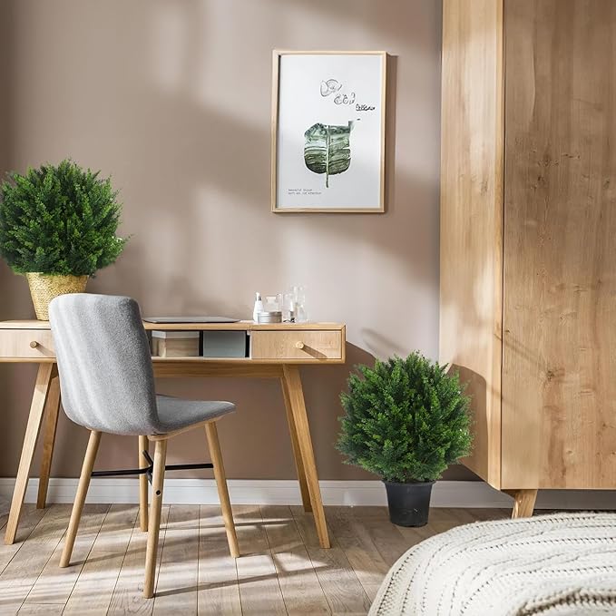 22''T Artificial Cedar Topiary Ball Tree 2 Pack, Outdoors Artificial Shrubs Faux Plants Uv Rated Perfect for Outdoor, Indoor - Easy to Install.-VerdiqueGarden