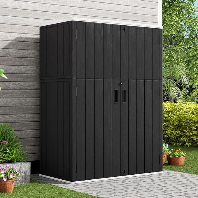 KINYING Outdoor Vertical Storage Shed,57 Cu.ft Outdoor Storage Cabinet Waterproof,Resin Sheds & Outdoor Storage Clearance for Garden,Patio,Backyard,Lockable (Black)-VerdiqueGarden
