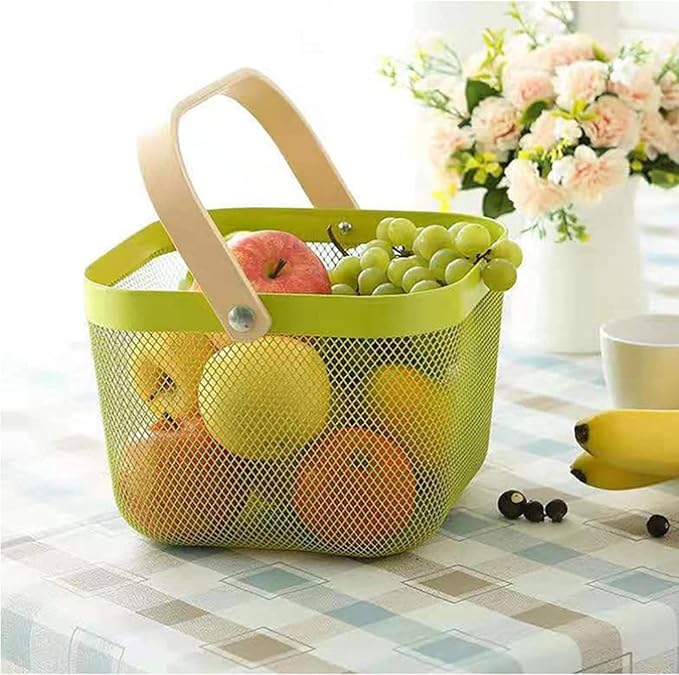 Metal Mesh Steel Basket, Storage Organizer Basket Multi-functional Hanging Kitchen Baskets Fruit Basket with Wooden Handle for Kitchen Bathroom Picnic Shopping Decor Cabinet Home, Macaron Green-VerdiqueGarden