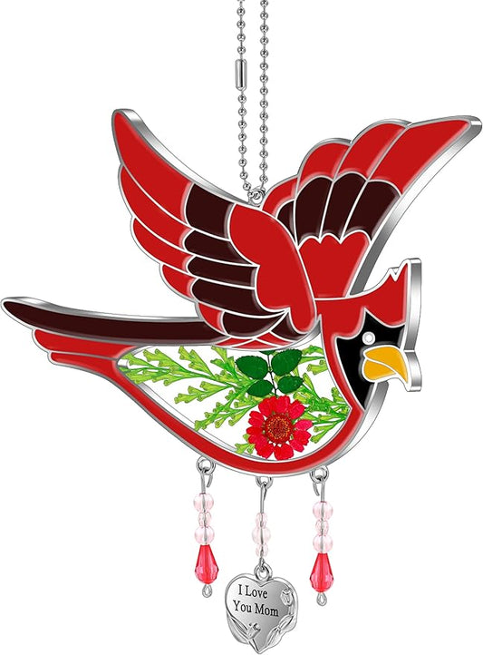 KY&BOSAM Cardinal Suncatcher I Love You Mom Glass Hangings for Windows Wind Chime Ornament with Hand Painted Real Flower and Metal Heart Charm Birthday Gifts for Women Mom Mother's Day-VerdiqueGarden