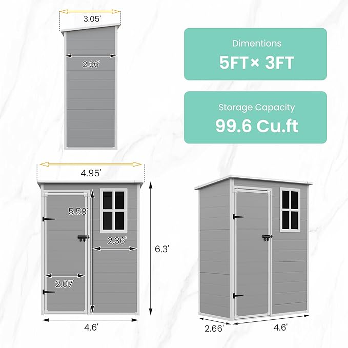 UDPATIO Outdoor Storage Shed 5x3 FT, Plastic Garden Shed for Bike, Garbage Can, Tool, Outside Sheds & Outdoor Resin Shed with Lockable Door for Backyard, Patio, Lawn, Grey & White-VerdiqueGarden